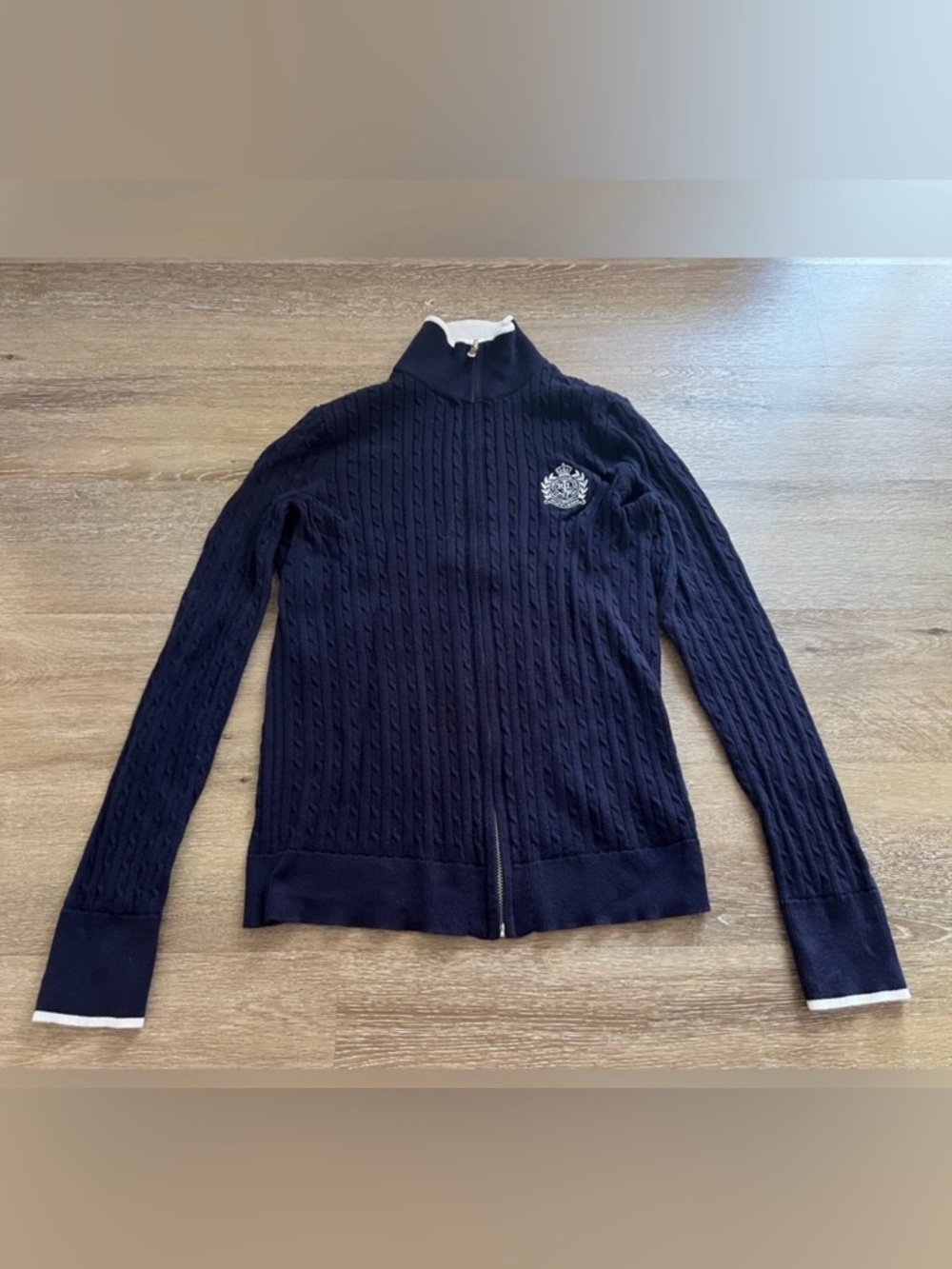Ralph Lauren Navy and White Zip-Up Cable Knit Sweater